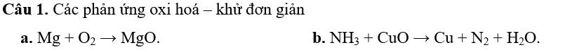 Các phản ứng oxi hoá - khử đơn giản 
a. Mg+O_2to MgO. b. NH_3+CuOto Cu+N_2+H_2O.