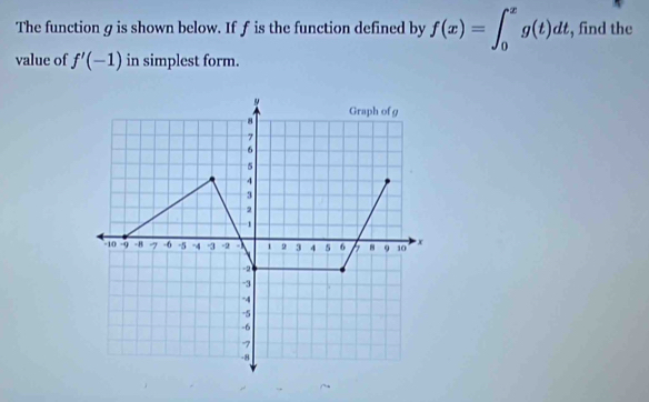 The function g is shown below. If f is the function defined by f(x)=∈t _0^xg(t)dt , find the 
value of f'(-1) in simplest form.
8 Graph of g
7
6
5
4
3
2
-1
-10 -9 -8 7 -6 -5 -4 -3 -2 1 9 3 4 5 6 8 9 10 x
-2
-3
-4
-5
-6
7
-8