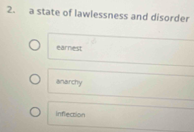 a state of lawlessness and disorder
earnest
anarchy
inflection