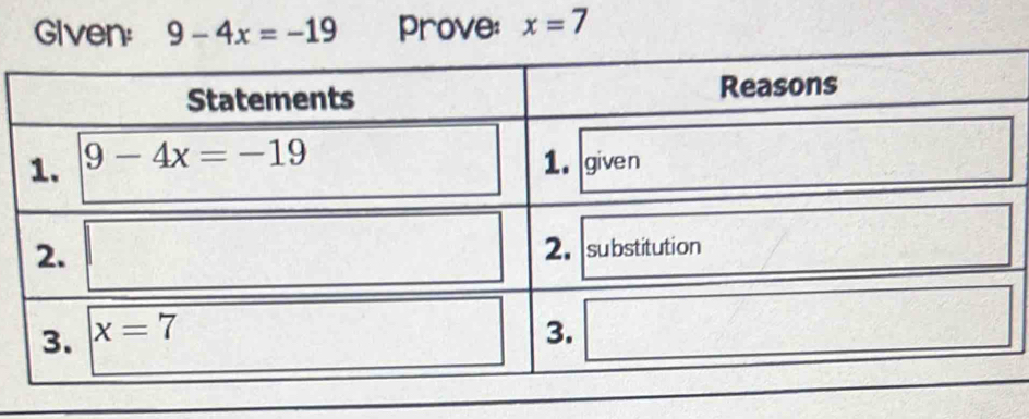 Given: 9-4x=-19 prove: x=7