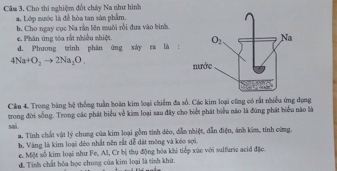 Cho thí nghiệm đốt cháy Na như hình
a. Lớp nước là để hòa tan sản phẩm.
b. Cho ngay cục Na rắn lên muôi rồi đưa vào bình.
c. Phản ứng tỏa rất nhiều nhiệt.
d. Phương trình phản ứng xảy ra là :
4Na+O_2to 2Na_2O.
Câu 4. Trong bảng hệ thống tuần hoàn kim loại chiếm đa số. Các kim loại cũng có rất nhiều ứng dụng
trong đời sống. Trong các phát biểu về kim loại sau đây cho biết phát biểu nào là đúng phát biểu nào là
sai.
a. Tính chất vật lý chung của kim loại gồm tính dẻo, dẫn nhiệt, dẫn điện, ánh kim, tính cứng.
b. Vàng là kim loại dẻo nhất nên rất dễ dát mỏng và kéo sợi.
c. Một số kim loại như Fe, Al, Cr bị thụ động hóa khi tiếp xúc với sulfuric acid đặc.
d. Tính chất hóa học chung của kim loại là tính khử.