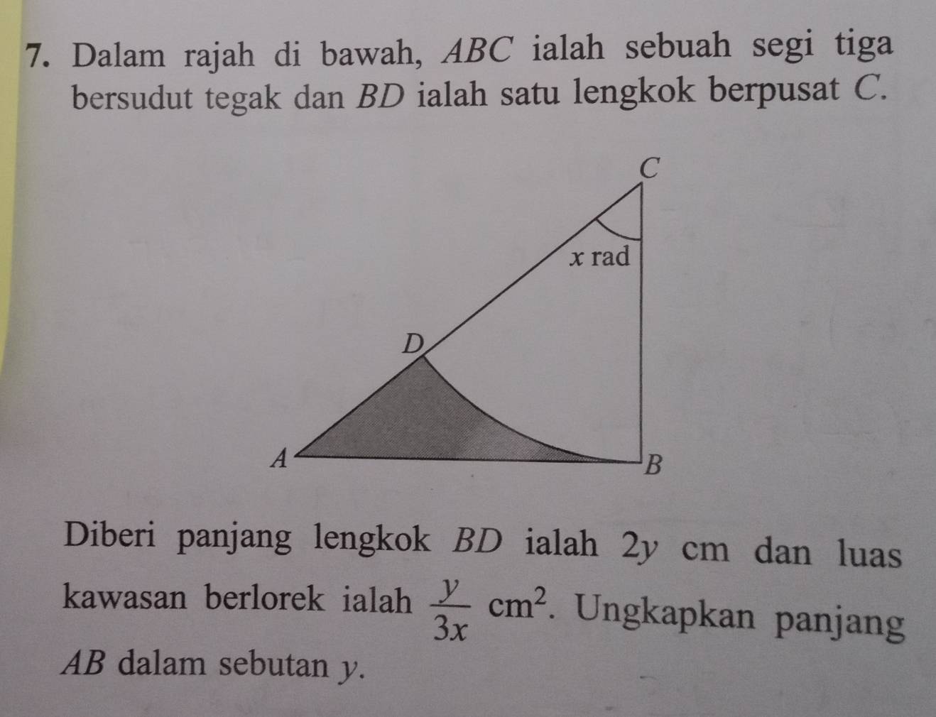 Dalam rajah di bawah, ABC ialah sebuah segi tiga 
bersudut tegak dan BD ialah satu lengkok berpusat C. 
Diberi panjang lengkok BD ialah 2y cm dan luas 
kawasan berlorek ialah  y/3x cm^2. . Ungkapkan panjang
AB dalam sebutan y.