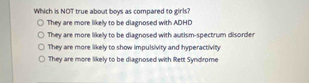 Which is NOT true about boys as compared to girls?
They are more likely to be diagnosed with ADHD
They are more likely to be diagnosed with autism-spectrum disorder
They are more likely to show impulsivity and hyperactivity
They are more likely to be diagnosed with Rett Syndrome