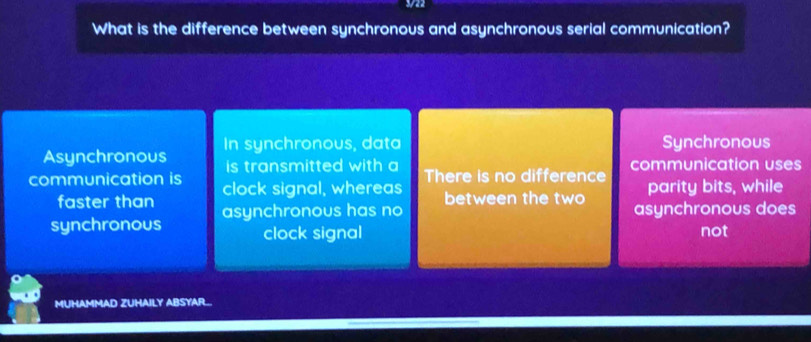 3/22
What is the difference between synchronous and asynchronous serial communication?
Asynchronous In synchronous, data Synchronous
is transmitted with a
communication is clock signal, whereas There is no difference communication uses
parity bits, while
faster than between the two asynchronous does
synchronous asynchronous has no
clock signal not
MUHAMMAD ZUHAILY ABSYAR...