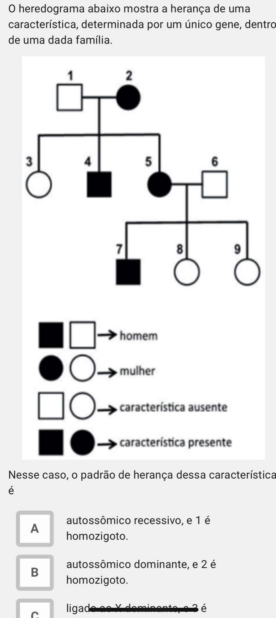 heredograma abaixo mostra a herança de uma
característica, determinada por um único gene, dentro
de uma dada família.
homem
mulher
característica ausente
característica presente
Nesse caso, o padrão de herança dessa característica
é
A
autossômico recessivo, e 1 é
homozigoto.
autossômico dominante, e 2 é
B
homozigoto.
C ligad é