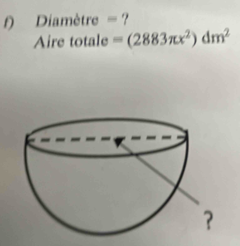 Diamètre =? 
Aire totale =(2883π x^2)dm^2