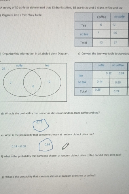 A survey of 50 athletes determined that 13 drank coffee, 18 drank tea and 6 drank coffee and tea.
) Organize into a Two-Way Table.
) Organize this information in a Labeled Venn Diagram. c) Convert the two-way table to a probat
2
d) What is the probability that someone chosen at random drank coffee and tea?
0.12
e) What is the probability that someone chosen at random did not drink tea?
0.14+0.50 0.64
f) What is the probability that someone chosen at random did not drink coffee nor did they drink tea?
g) What is the probability that someone chosen at random drank tea or coffee?