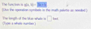 The function is g(a,b)=3a+b
(Use the operation symbols in the math palette as needed.) 
The length of the blue whale is □ feet
(Type a whole number.)