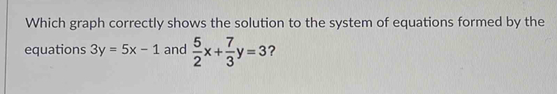 Which graph correctly shows the solution to the system of equations formed by the
equations 3y=5x-1 and  5/2 x+ 7/3 y=3 ?