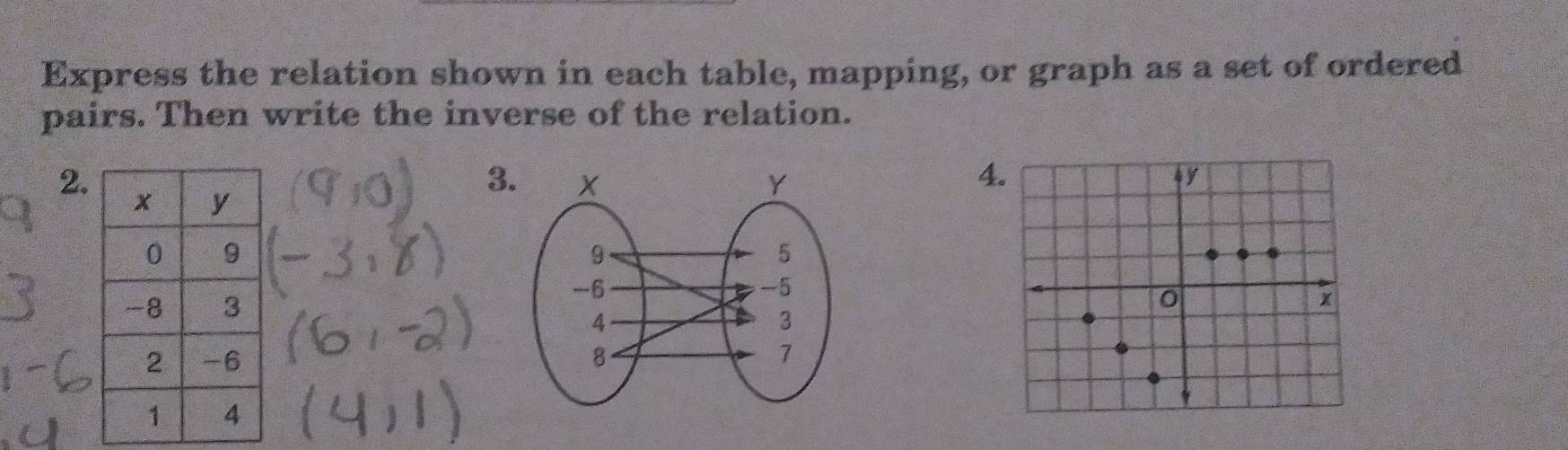 Express the relation shown in each table, mapping, or graph as a set of ordered 
pairs. Then write the inverse of the relation. 
2. 
3 
4