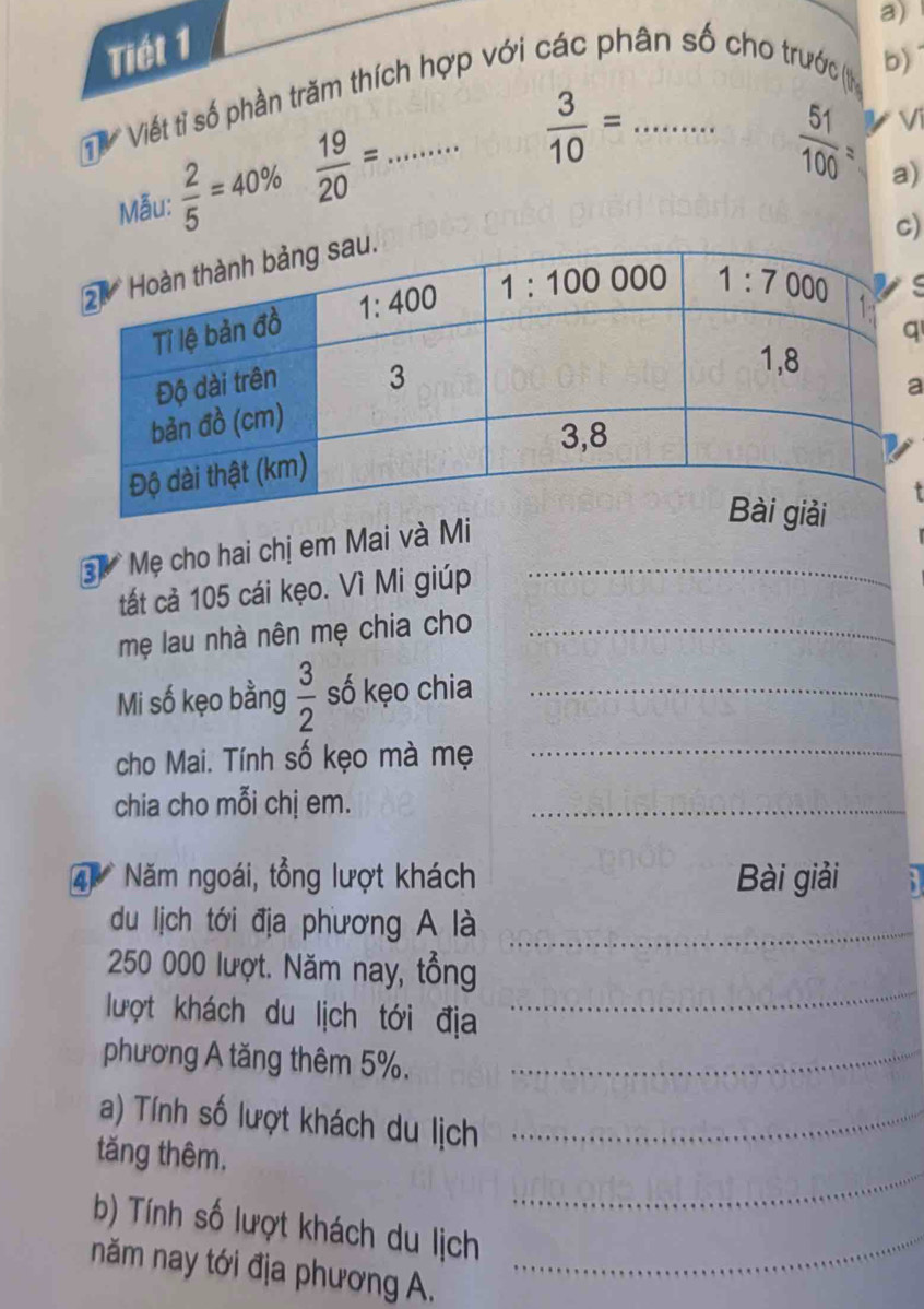 Tiét 1
T   Viết tì số phần trăm thích hợp với các phân số cho trước (
b)
Mẫu:  2/5 =40%  19/20 =
 3/10 =
Vi
 51/100 = a)
c)
s
q
a
3   Mẹ cho hai chị em Mai và Mi_
tất cả 105 cái kẹo. Vì Mi giúp
mẹ lau nhà nên mẹ chia cho_
Mi số kẹo bằng  3/2  số kẹo chia_
cho Mai. Tính số kẹo mà mẹ_
chia cho mỗi chị em._
4  Năm ngoái, tổng lượt khách Bài giải `
du lịch tới địa phương A là_
250 000 lượt. Năm nay, tồng
lượt khách du lịch tới địa
_
phương A tăng thêm 5%._
a) Tính số lượt khách du lịch_
_
tăng thêm.
b) Tính số lượt khách du lịch_
năm nay tới địa phương A.