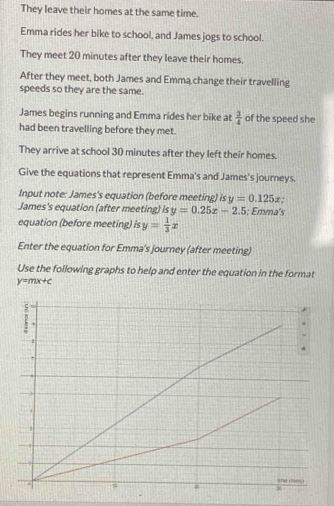 They leave their homes at the same time. 
Emma rides her bike to school, and James jogs to school. 
They meet 20 minutes after they leave their homes. 
After they meet, both James and Emma change their travelling 
speeds so they are the same. 
James begins running and Emma rides her bike at  3/4  of the speed she 
had been travelling before they met. 
They arrive at school 30 minutes after they left their homes. 
Give the equations that represent Emma's and James's journeys. 
Input note: James's equation (before meeting) is y=0.125x. 
James's equation (after meeting) is y=0.25x-2.5; Emma's 
equation (before meeting) is y= 1/3 x
Enter the equation for Emma's journey (after meeting) 
Use the following graphs to help and enter the equation in the format
y=mx+c