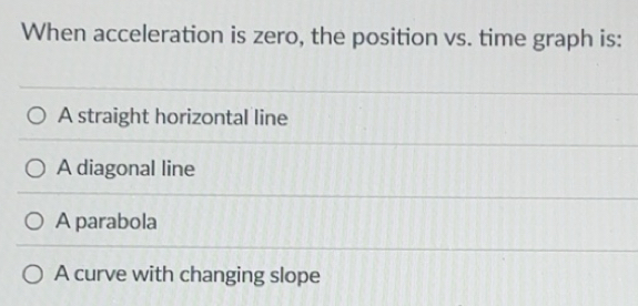 Solved: When acceleration is zero, the position vs. time graph is: A ...