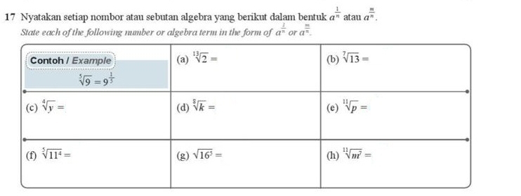 Nyatakan setiap nombor atau sebutan algebra yang berikut dalam bentuk a^(frac 1)n atau a^(frac m)n.
State each of the following number or algebra term in the form of a^(frac 2)n or a^(frac m)n.