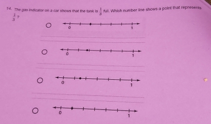 The gas indicator on a car shows that the tank is  1/3  full. Which number line shows a point that represents
 1/3  ?