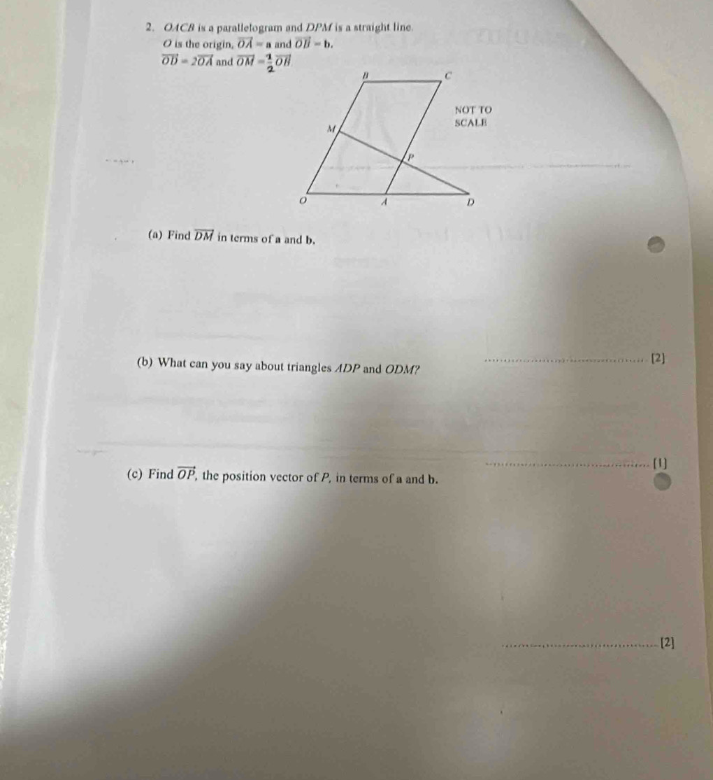 OACB is a parallelogram and DPM is a straight line.
O is the origin. vector OA=a and vector OB=b.
vector OD=2vector OA and vector OM= 1/2 vector OB
_ 
(a) Find overline DM in terms of a and b. 
_[2] 
(b) What can you say about triangles ADP and ODM? 
_[1] 
(c) Find vector OP, , the position vector of P, in terms of a and b. 
_[2]