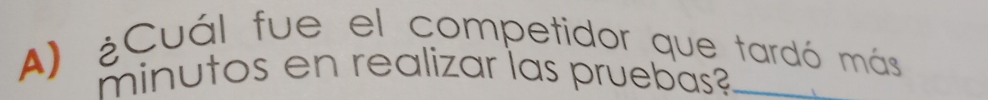 ¿Cuál fue el competidor que tardó más 
minutos en realizar las pruebas?_