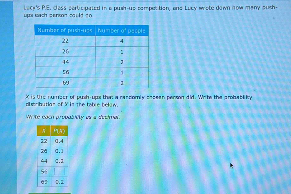 Lucy's P.E. class participated in a push-up competition, and Lucy wrote down how many push-
ups each person could do.
X is the number of push-ups that a randomly chosen person did. Write the probability
distribution of X in the table below.
Write each probability as a decimal.