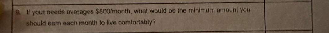 If your needs averages $800/month, what would be the minimum amount you 
should earn each month to live comfortably?