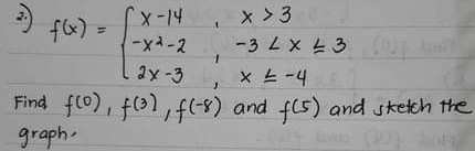 f(x)=beginarrayl x-14,x>3 -x^2-2,-3
Find f(0), f(3), f(-8) and f(5) and sketch the
graph.