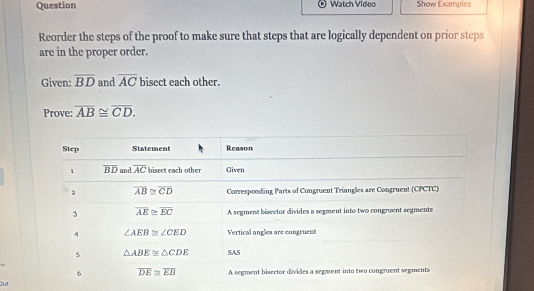 Watch Vídeo
Question Show Examples
Reorder the steps of the proof to make sure that steps that are logically dependent on prior steps
are in the proper order.
Given: overline BD and overline AC bisect each other.
Prove: overline AB≌ overline CD.
Jut