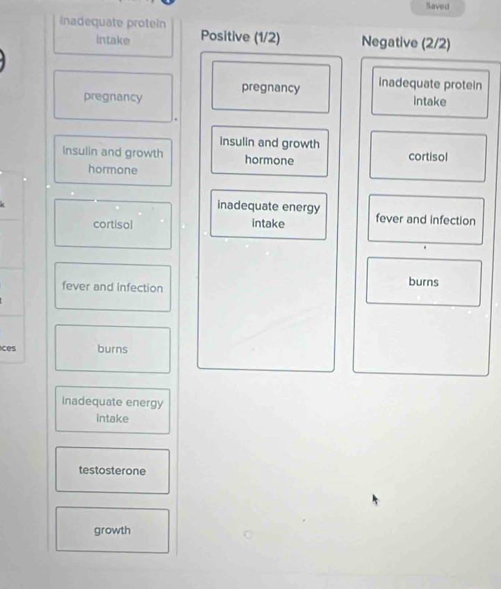 Saved 
inadequate protein Positive (1/2)
intake 
Negative (2/2)
pregnancy 
inadequate protein 
pregnancy intake 
insulin and growth 
insulin and growth hormone cortisol 
hormone 
inadequate energy 
cortisol intake 
fever and infection 
fever and infection burns 
ces burns 
Inadequate energy 
intake 
testosterone 
growth