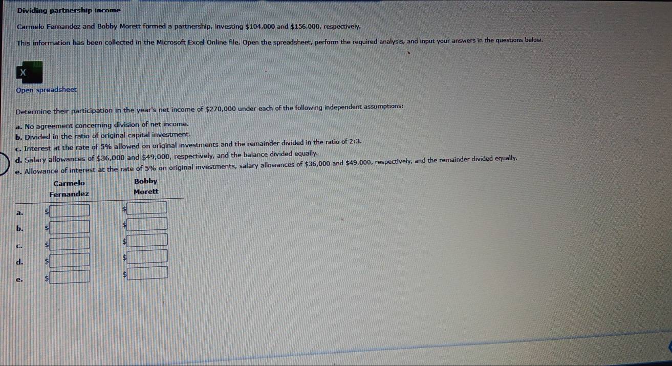 Dividing partnership income
Carmelo Fernandez and Bobby Morett formed a partnership, investing $104,000 and $156,000, respectively.
This information has been collected in the Microsoft Excel Online file. Open the spreadsheet, perform the required analysis, and input your answers in the questions below.
X
Open spreadsheet
Determine their participation in the year's net income of $270,000 under each of the following independent assumptions:
a. No agreement concerning division of net income.
b. Divided in the ratio of original capital investment.
c. Interest at the rate of 5% allowed on original investments and the remainder divided in the ratio of 2:3.
d. Salary allowances of $36,000 and $49,000, respectively, and the balance divided equally.
e. Allowance of interest at the rate of 5% on original investments, salary allowances of $36,000 and $49,000, respectively, and the remainder divided equally.