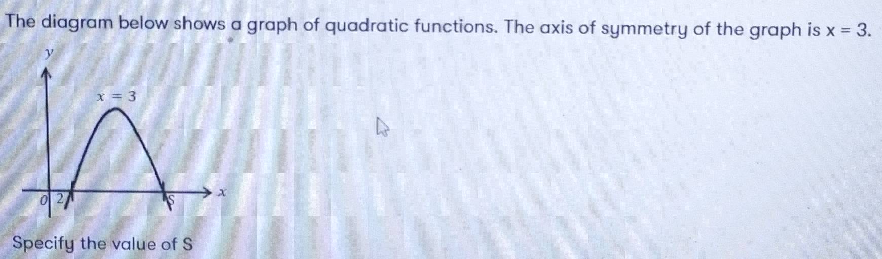 The diagram below shows a graph of quadratic functions. The axis of symmetry of the graph is x=3.
Specify the value of S