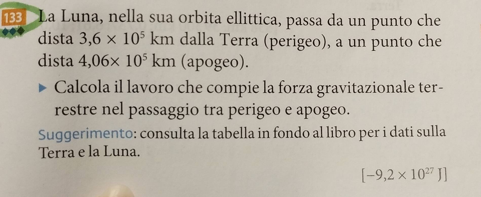 133 La Luna, nella sua orbita ellittica, passa da un punto che 
dista 3,6* 10^5km dalla Terra (perigeo), a un punto che 
dista 4,06* 10^5km (apogeo). 
Calcola il lavoro che compie la forza gravitazionale ter- 
restre nel passaggio tra perigeo e apogeo. 
Suggerimento: consulta la tabella in fondo al libro per i dati sulla 
Terra e la Luna.
[-9,2* 10^(27)J]