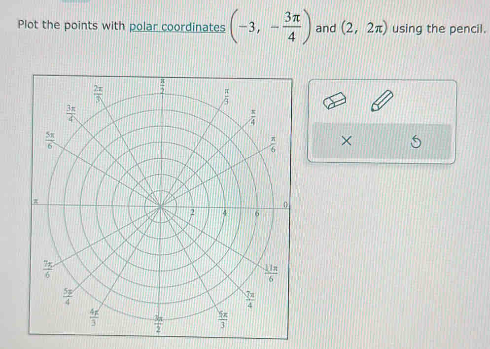 Plot the points with polar coordinates (-3,- 3π /4 ) and (2,2π ) using the pencil.
×