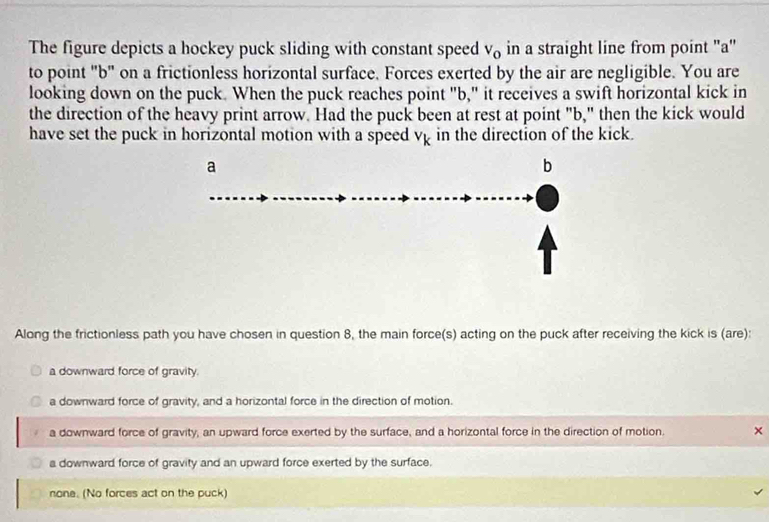 The figure depicts a hockey puck sliding with constant speed V_0 in a straight line from point ' a '
to point "b" on a frictionless horizontal surface. Forces exerted by the air are negligible. You are
looking down on the puck. When the puck reaches point "b," it receives a swift horizontal kick in
the direction of the heavy print arrow. Had the puck been at rest at point "b," then the kick would
have set the puck in horizontal motion with a speed v_k in the direction of the kick.
Along the frictionless path you have chosen in question 8, the main force(s) acting on the puck after receiving the kick is (are):
a downward force of gravity.
a downward force of gravity, and a horizontal force in the direction of motion.
a downward force of gravity, an upward force exerted by the surface, and a horizontal force in the direction of motion. ×
a downward force of gravity and an upward force exerted by the surface.
none. (No forces act on the puck)