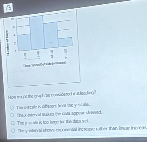 How might the graph be considered misleading?
The x -scale is different from the y -scale.
The x -interval makes the data appear skewed.
The y -scale is too large for the data set.
The y -interval shows exponential increase rather than linear increas