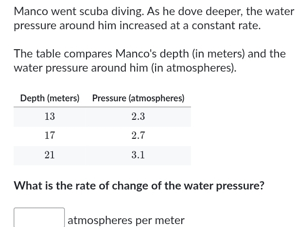 Manco went scuba diving. As he dove deeper, the water 
pressure around him increased at a constant rate. 
The table compares Manco's depth (in meters) and the 
water pressure around him (in atmospheres). 
What is the rate of change of the water pressure? 
atmospheres per meter