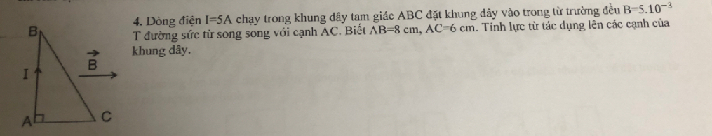 Dòng điện I=5A chạy trong khung dây tam giác ABC đặt khung dây vào trong từ trường đều B=5.10^(-3)
T đường sức từ song song với cạnh AC, Biết AB=8cm, AC=6cm. Tính lực từ tác dụng lên các cạnh của 
khung dây.