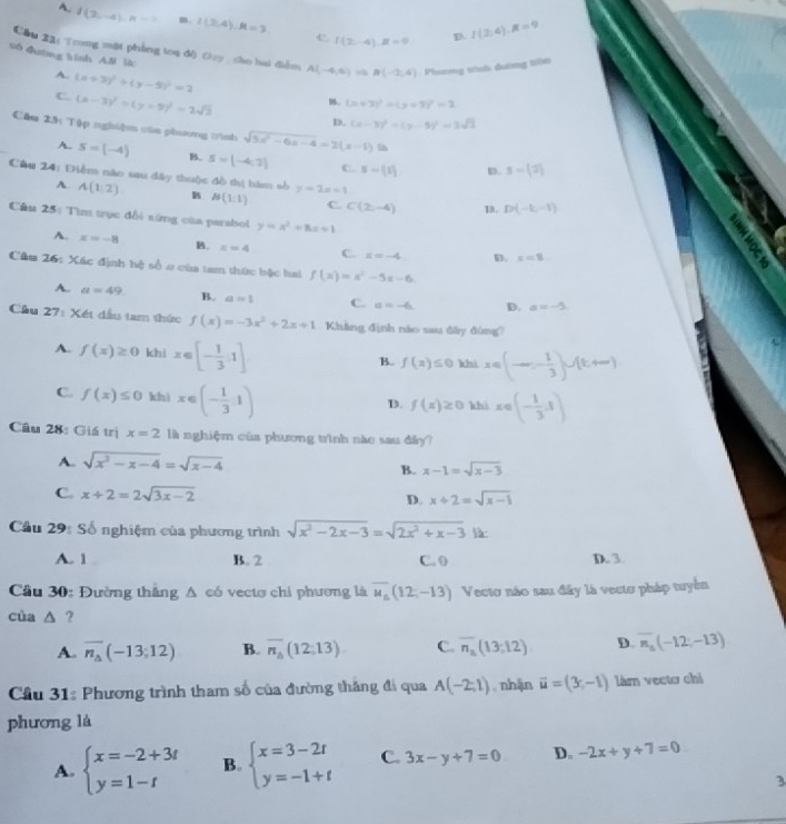 A. I(2,-4),N=? m. 2(2,4).R=3
e f(2,-4).R=0 D. f(2,4),R=9
Cầu 22: Trong mặt phẳng toạ độ Gay , cho hai điễm A(-4,6) B(-2,4) Phương trình đương trồn
s6 đường tính AN Sic
A. (x+3)^2+(y-5)^2=2
C. (x-3)^2=(y+5)^2-2sqrt(2)
B. (x+3)^2+(y+3)^2=2
D. (x-3)^2-(y-5)^2=2sqrt(3)
Câu 2H Tập nghiệm của phương tình sqrt(5x^2-6x-4)=2(x-1) in
A. S=(-4) B. s=(-4,2) C. S-(1) D. 5-(2)
Cầu 24: Điểm nào sau đây thuộc đồ thị hàm số y=2x+1 D(-b,-1)
A. A(1,2) B A∪ (1:1) C. C(2,-4) 18.
Cầu 25: Tìm trục đổi sứng của parabol y=x^2+8x+1
A. x=-8 B. ==4 C x=-4 D. x=8
i
Cầm 26: Xác định hệ số ư của tam thức bậc hai f(x)=x^2-5x-6.
A. a=49 B. a=1 C. a=-6 D. a=-5.
Cầu 27: Xét dầu tam thức f(x)=-3x^2+2x+1 Khẳng định nào sau đây đùng?
A. f(x)≥ 0 khì x∈ [- 1/3 ,1]
B. f(x)≤ 0 khi x∈ (-∈fty ,- 1/3 )∪ (k,+∈fty )
C. f(x)≤ 0 khì x∈ (- 1/3 ,1)
D. f(x)≥ 0 khì x∈ (- 1/3 ,1)
Câu 28: Giá trị x=2 là nghiệm của phương trình nào sau đây?
A. sqrt(x^2-x-4)=sqrt(x-4)
B. x-1=sqrt(x-3)
C. x+2=2sqrt(3x-2) D. x+2=sqrt(x-1)
Cầu 29: Số nghiệm của phương trình sqrt(x^2-2x-3)=sqrt(2x^2+x-3)12.
A. 1 B. 2 C. 0 D. 3
Cầu 30: Đường thắng A có vectơ chi phương là overline u_6(12-13) Vectơ não sau đây là vectơ pháp tuyển
của △ ?
A. overline n_A(-13;12) B. overline n_a(12,13) C. overline n_a(13;12) D. overline n_a(-12;-13)
Cầu 31: Phương trình tham số của đường thắng đi qua A(-2,1) nhận vector u=(3,-1) làrn vectơ chỉ
phương là
A. beginarrayl x=-2+3t y=1-tendarray. B. beginarrayl x=3-2t y=-1+tendarray. C. 3x-y+7=0 D. -2x+y+7=0
3