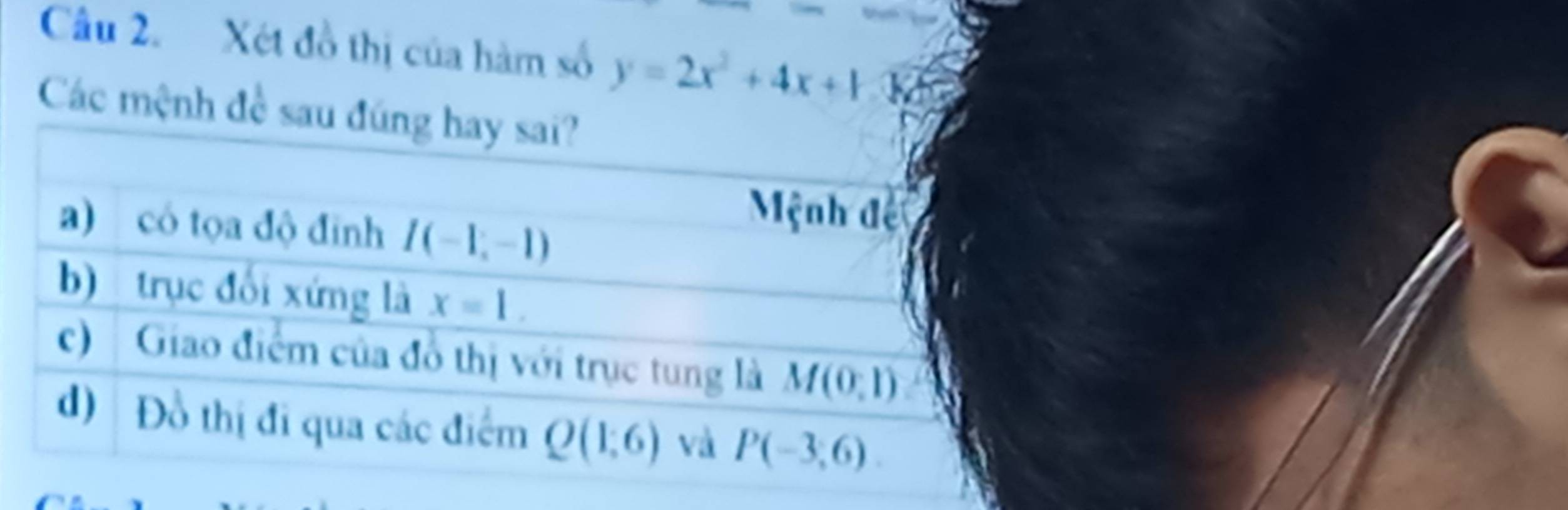 Xét đồ thị của hàm số y=2x^2+4x+1
Các mệnh đề s