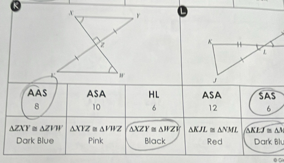 Aas ASA HL ASA SAS
8
10
6
12
6
△ ZXY≌ △ ZVW △ XYZ≌ △ VWZ △ XZY≌ △ WZV △ KJL≌ △ NML △ KLJ≌ △ M
Dark Blue Pink Black Red Dark Blu