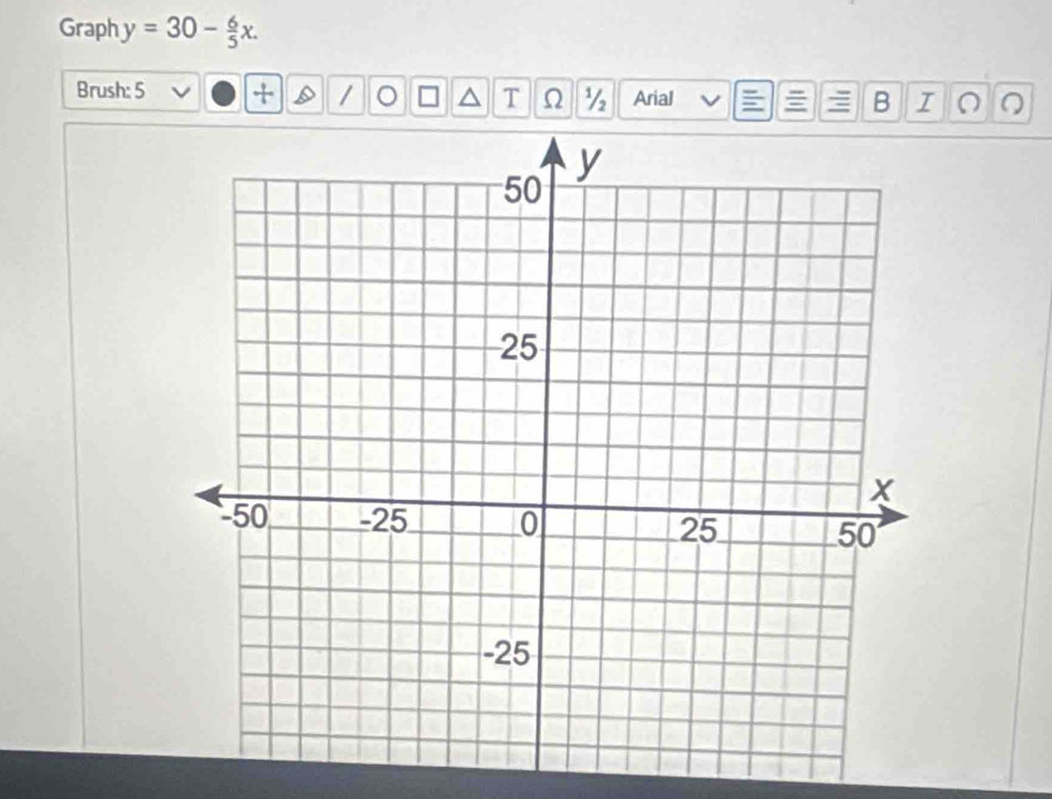 Graph y=30- 6/5 x. 
Brush: 5 + / ^ T Ω ½ Arial B I