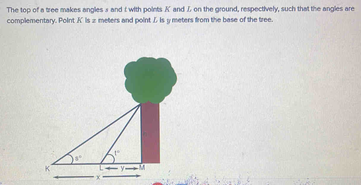 The top of a tree makes angles s and t with points K and L on the ...