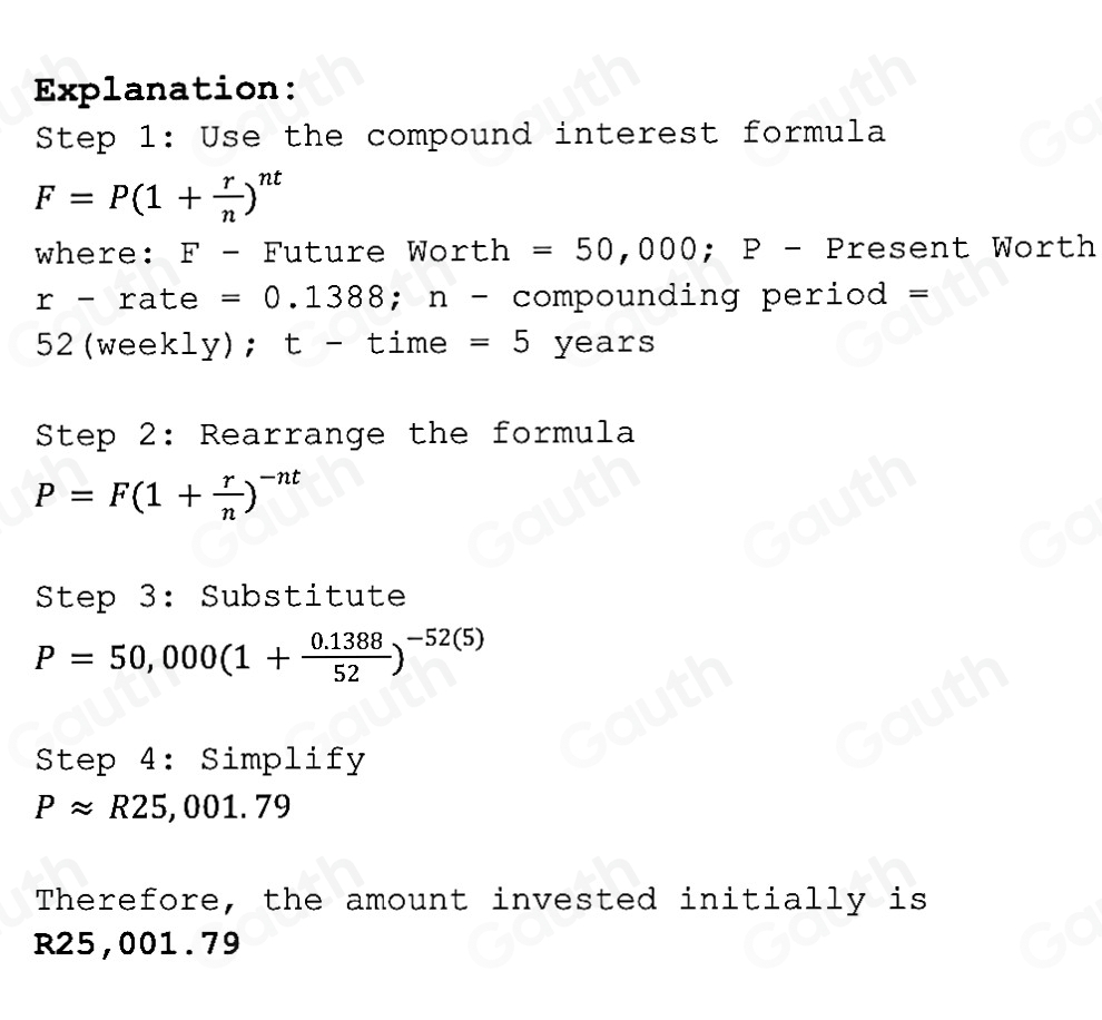 Solved: Marwala invests an amount of money in an account earning 13,88% ...