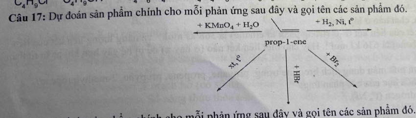 C_4H_9Cl 4''9
Câu 17: Dự đoán sản phẩm chính cho mỗi phản ứng sau đây và gọi tên các sản phẩm đó.
+KMnO_4+H_2O
+H_2, Ni, t°
prop-1-ene
+Br_2
ỗi phản ứng sau đây và gọi tên các sản phẩm đó.