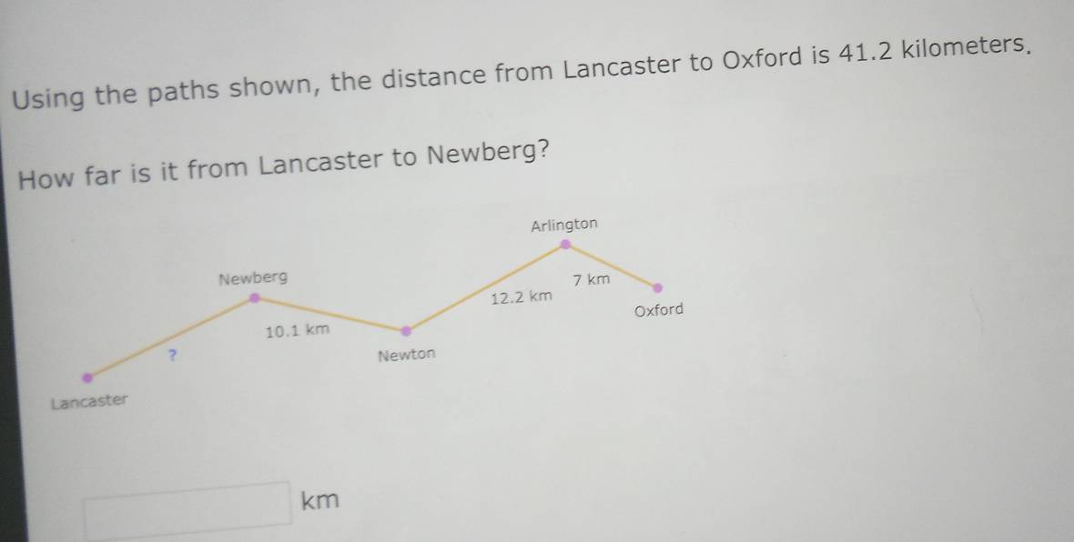 Using the paths shown, the distance from Lancaster to Oxford is 41.2 kilometers. 
How far is it from Lancaster to Newberg? 
Arlington 
Newberg 7 km
12.2 km
Oxford
10.1 km
? Newton 
Lancaster
km