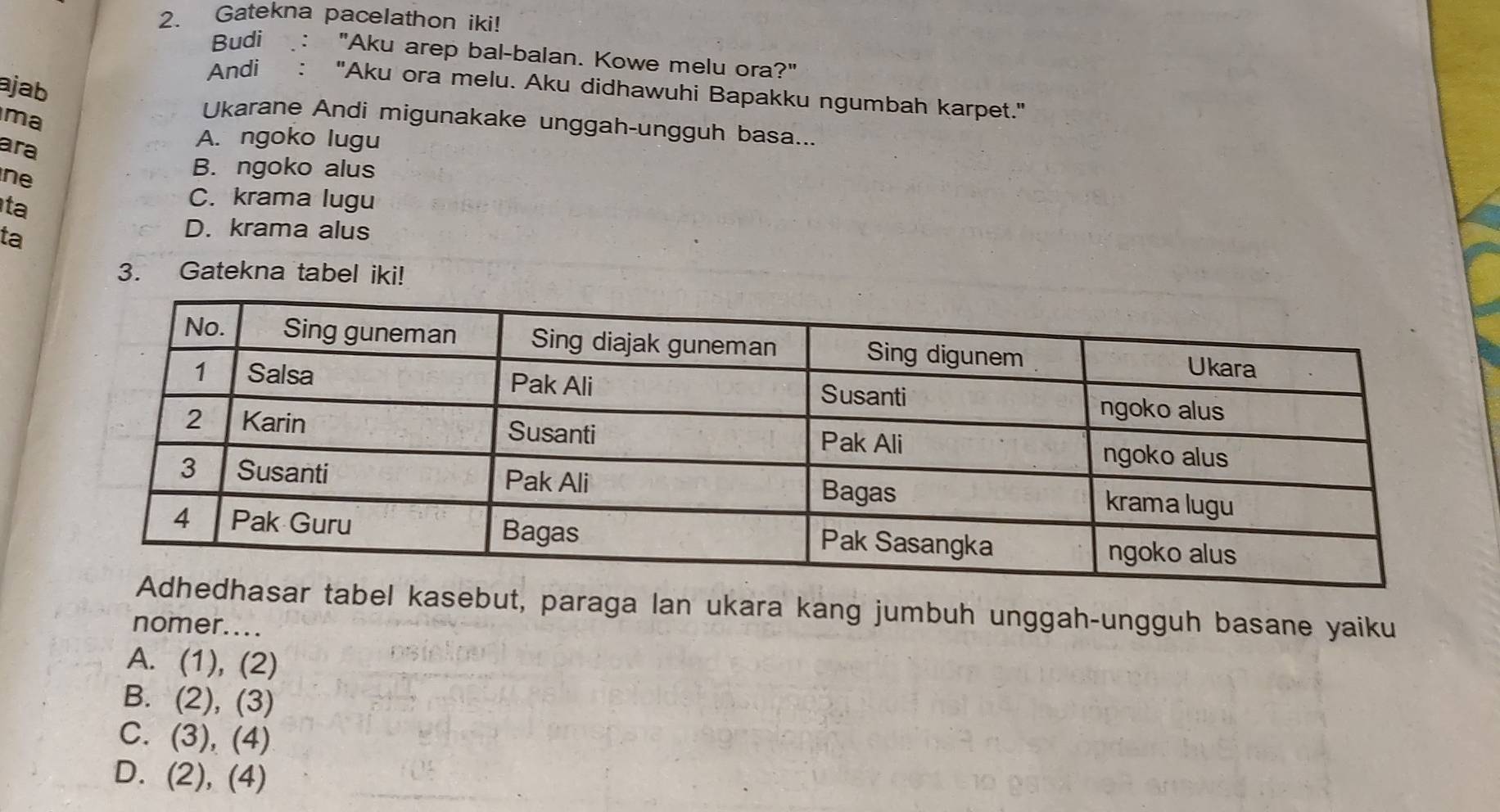 Gatekna pacelathon iki!
Budi : "Aku arep bal-balan. Kowe melu ora ?'' 
ajab
Andi : "Aku ora melu. Aku didhawuhi Bapakku ngumbah karpet."
ma
Ukarane Andi migunakake unggah-ungguh basa...
ara
A. ngoko lugu
ne
B. ngoko alus
ta
C. krama lugu
ta
D. krama alus
3. Gatekna tabel iki!
tabel kasebut, paraga lan ukara kang jumbuh unggah-ungguh basane yaiku
nomer....
A. (1), (2)
B. (2), (3)
C. (3), (4)
D. (2 2), (4)