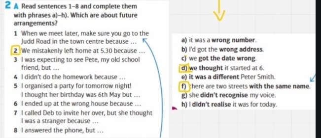 A Read sentences 1-8 and complete them
with phrases a)-h). Which are about future
arrangements?
1 When we meet later, make sure you go to the
Judd Road in the town centre because ... a) it was a wrong number.
2 We mistakenly left home at 5.30 because … b) I'd got the wrong address.
3 I was expecting to see Pete, my old school c) we got the date wrong.
friend, but ... d) we thought it started at 6.
4 I didn't do the homework because ... e) it was a different Peter Smith.
5 l organised a party for tomorrow night! f) there are two streets with the same name.
l thought her birthday was 6th May but ... g) she didn’t recognise my voice.
6 l ended up at the wrong house because ... h) I didn’t realise it was for today.
7 I called Deb to invite her over, but she thought
I was a stranger because ...
8 I answered the phone, but ...