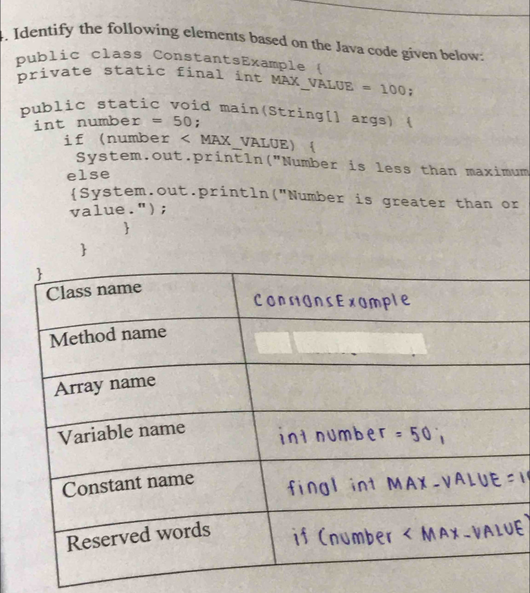 Identify the following elements based on the Java code given below: 
public class ConstantsExample  
private static final int MAX_VALUE =100; 
public static void main(String[] args)  
int numbe - =50; 
if (number < MAX_VALUE)  
System.out.println("Number is less than maximum 
else 
System.out.println("Number is greater than or 
value.");