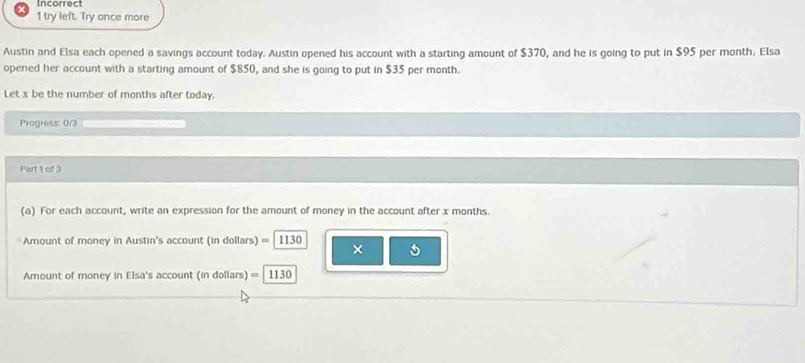 Incorrect 
1 try left. Try once more 
Austin and Elsa each opened a savings account today. Austin opened his account with a starting amount of $370, and he is going to put in $95 per month. Elsa 
opened her account with a starting amount of $850, and she is going to put in $35 per month. 
Let x be the number of months after today. 
Progress: 0/3 
Part 1 of 3 
(a) For each account, write an expression for the amount of money in the account after x months. 
Amount of money in Austin's account (in dollars) =1130
× 5
Amount of money in Elsa's account (in dollars) =1130