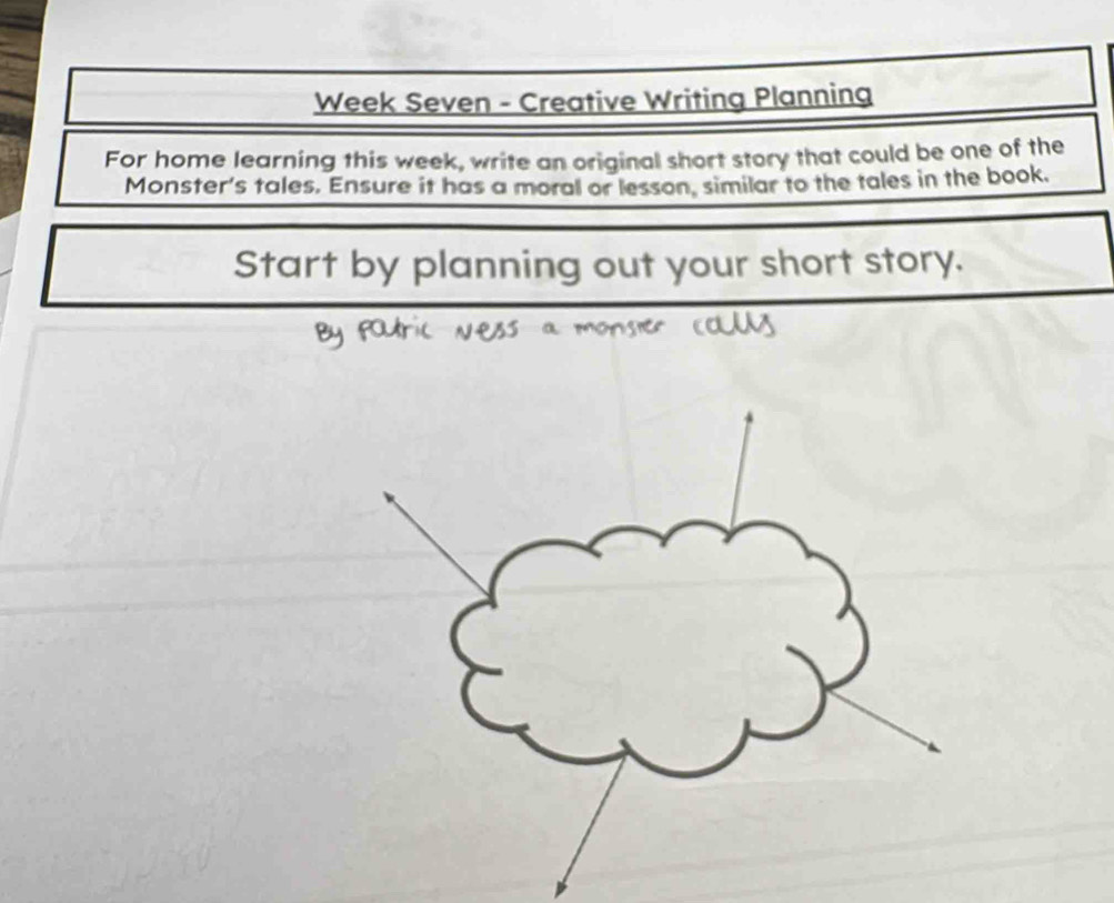 Week Seven - Creative Writing Planning 
For home learning this week, write an original short story that could be one of the 
Monster's tales. Ensure it has a moral or lesson, similar to the tales in the book. 
Start by planning out your short story.