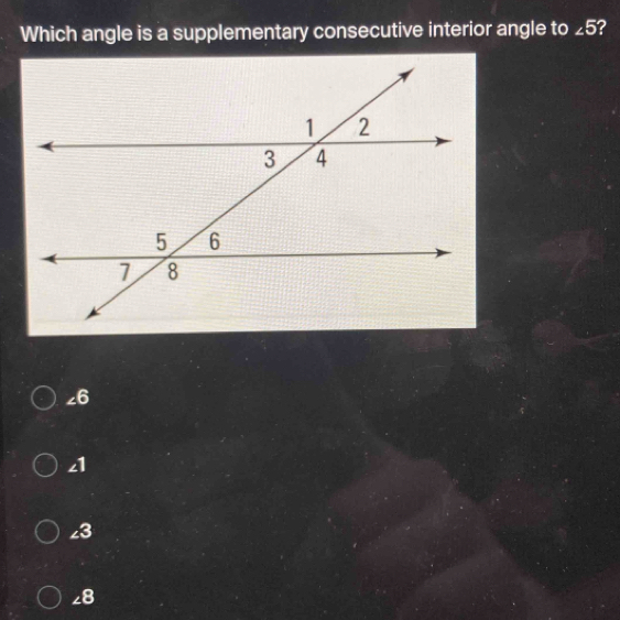 Which angle is a supplementary consecutive interior angle to ∠ 5 2
∠6
c1
3
∠ 8