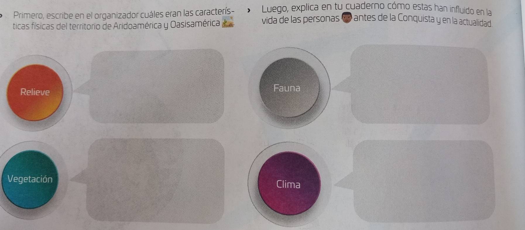 Primero, escribe en el organizador cuáles eran las caracterís- Luego, explica en tu cuaderno cómo estas han influido en la 
ticas físicas del territorio de Aridoamérica y Oasisamérica 
vida de las personas « antes de la Conquista y en la actualidad. 
Relieve 
Fauna 
Vegetación 
Clima