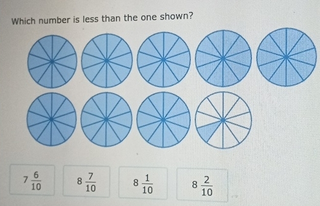 Which number is less than the one shown?
7 6/10  8 7/10  8 1/10  8 2/10 